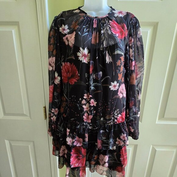 Ieena for Mac Duggal Long-Sleeve Ruffled Chiffon Floral Mini Dress Size 8 - Picture 3 of 14